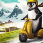 Ein Pinguin fährt mit einem Motorrad durch die Berge. Das Bild wurde durch eine künstliche Intelligenz erstellt.