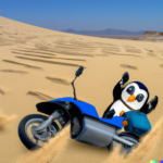 Ein Pinguin stürzt mit dem Motorrad in einer Wüste. Das Bild wurde durch eine künstliche Intelligenz erstellt.