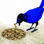 Ein blauer Vogel sammelt Geldmünzen. Erstellt mit DALL-E 2